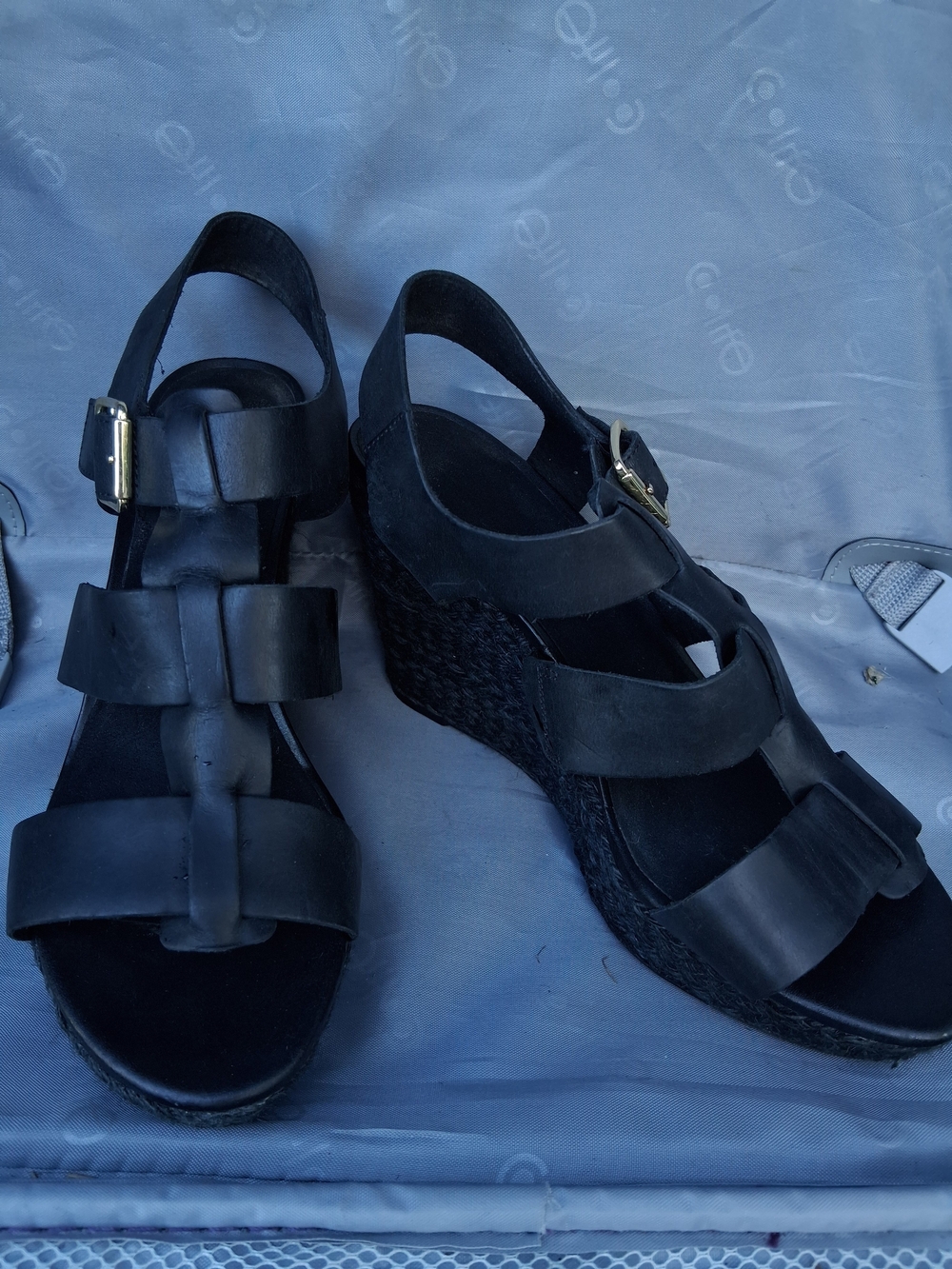 Clarks Black Leather Strappy Wedge Sandals